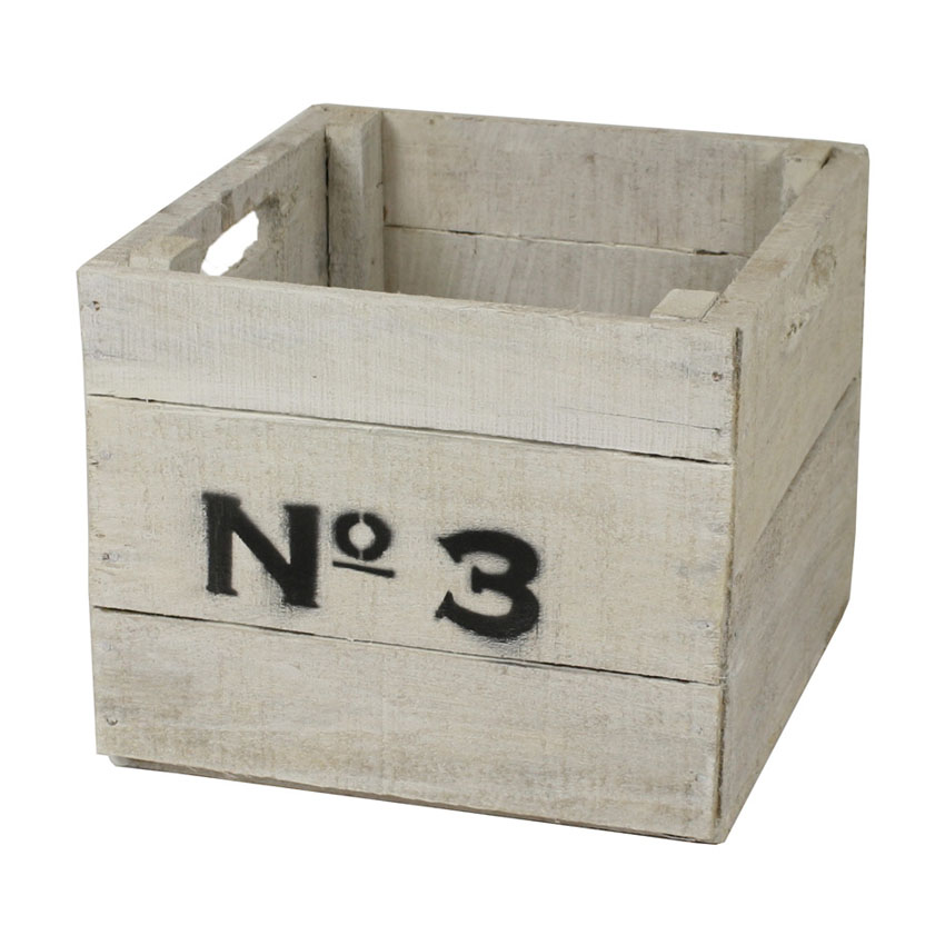 Holzkiste, mit No. 3 Aufdruck (27,5x26x21,5cm), Vintage Design, Obstkiste, weiß lasiert