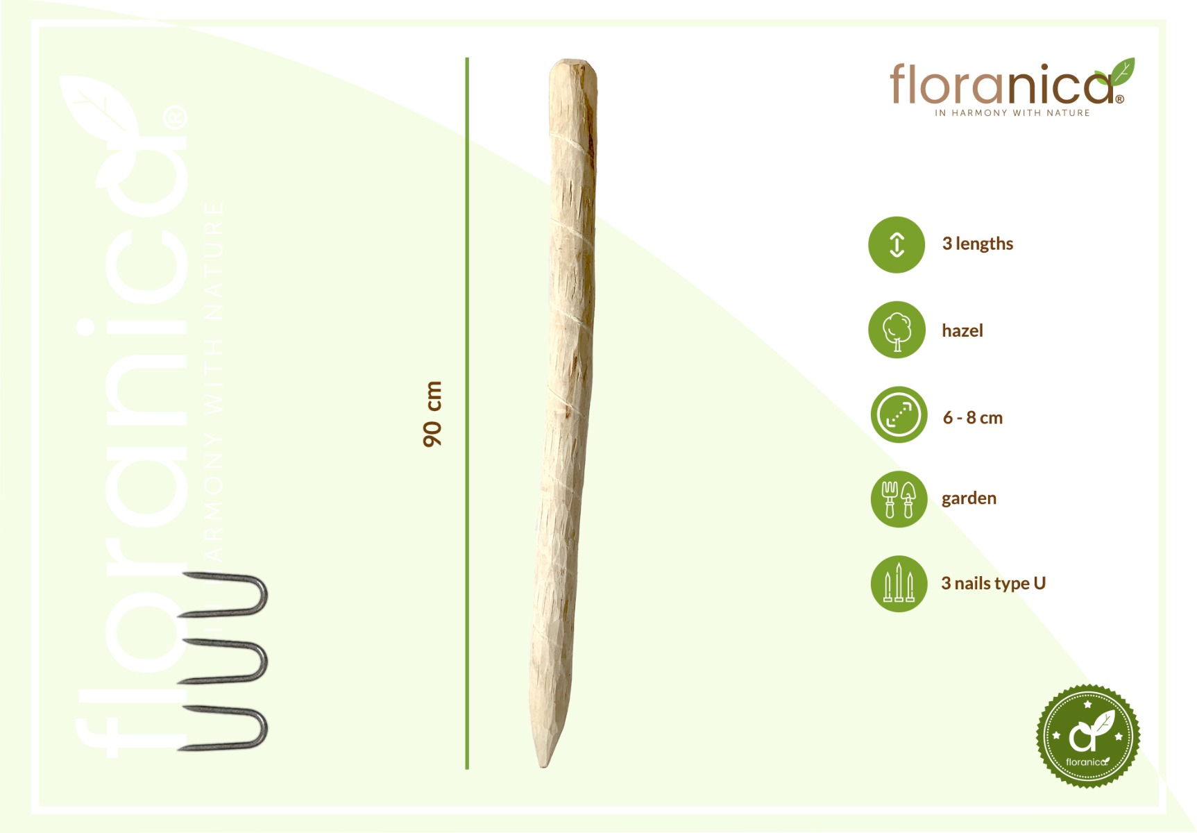 Pfosten Haselnussholz, imprägniert, mit 3 U-Nägeln, Ø 6-8 cm, 90 cm hoch