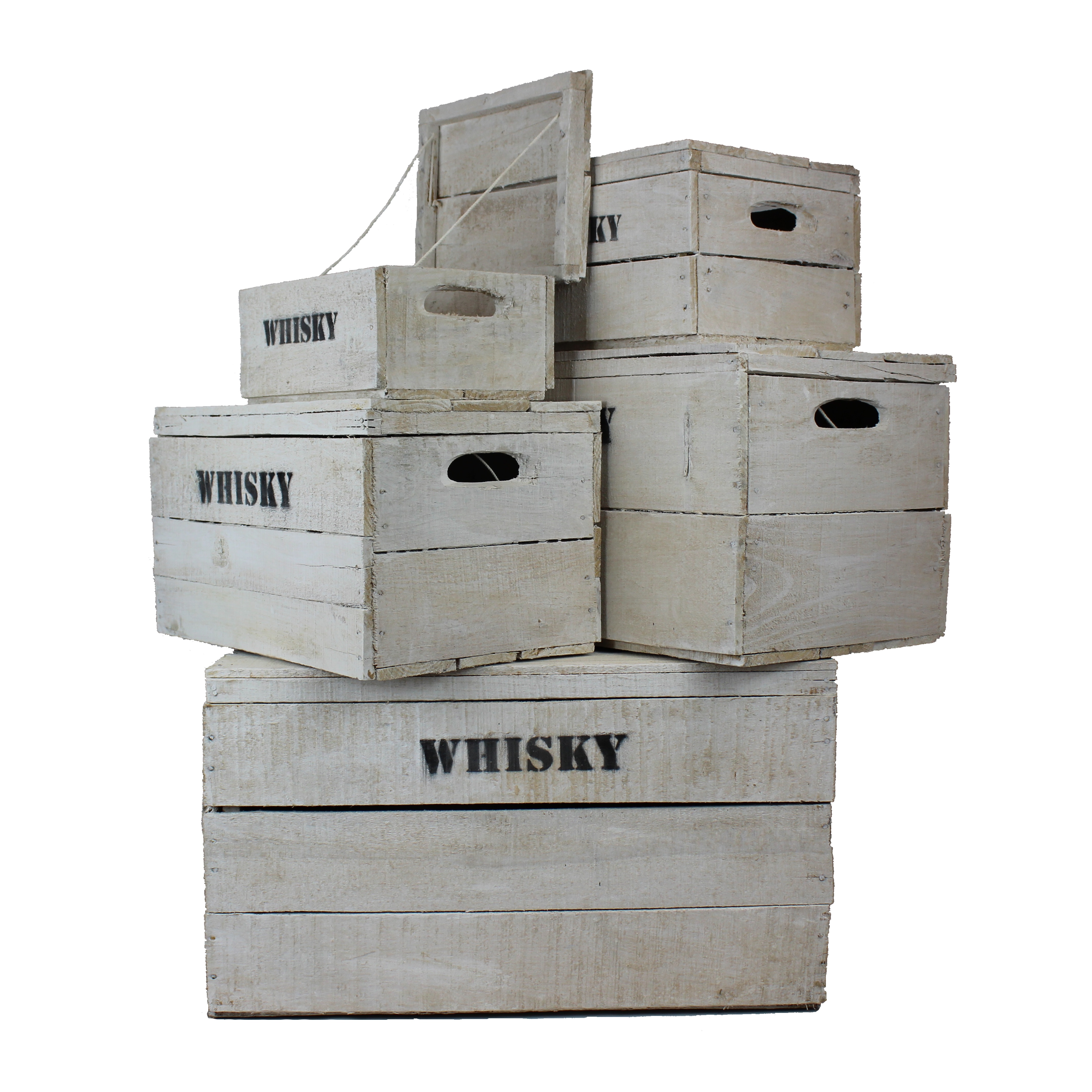 Whisky Holzkiste, Vintage, Weinkiste, Obstkiste mit Deckel und Aufdruck, weiß lasiert