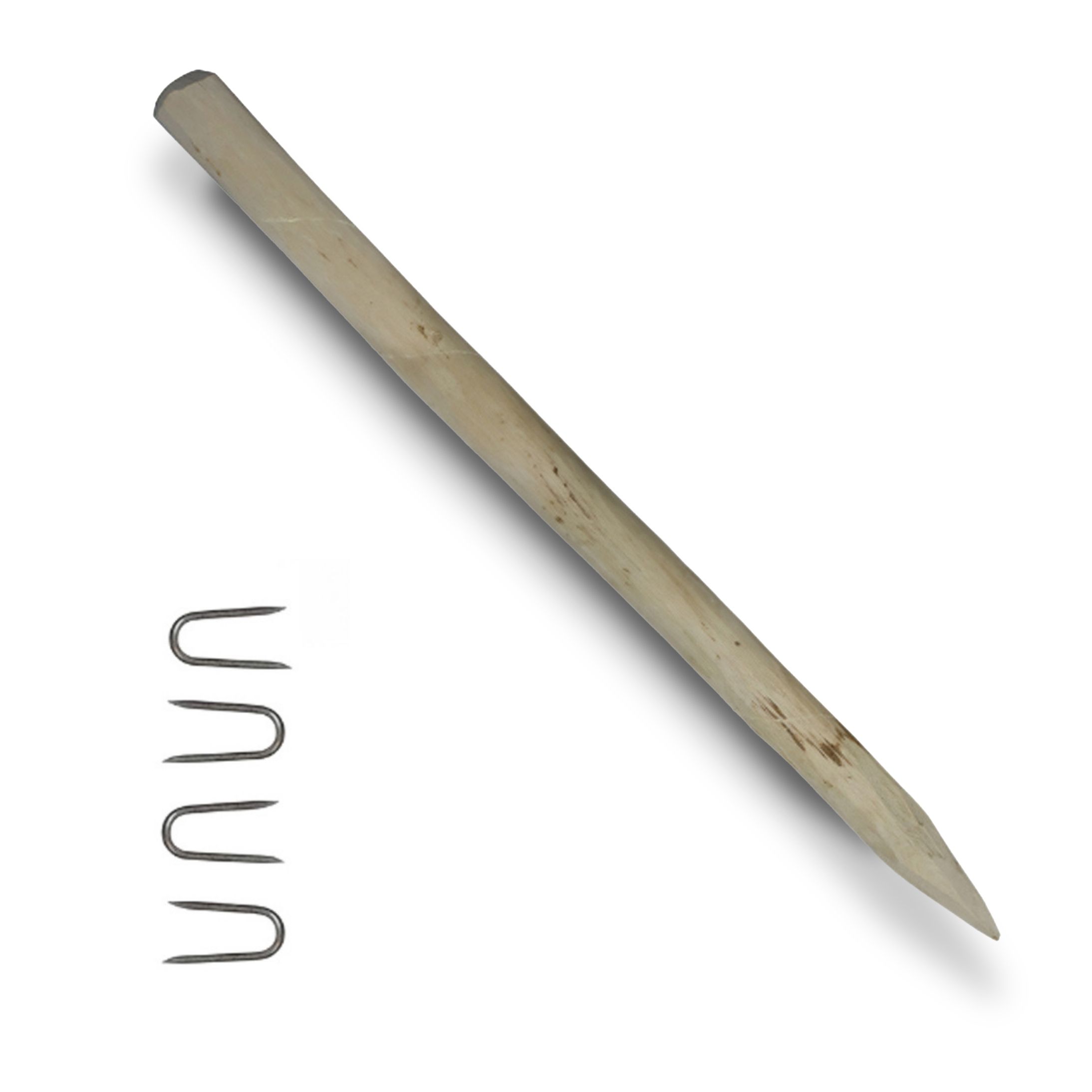 Pfosten Haselnussholz, imprägniert, mit 4 U-Nägeln, Ø 6-8 cm, 90 cm hoch