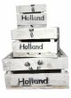 Holland Holzkiste mit Tulpenmotiv, 3-er Set, klein, Obstkiste, Vintage Design, weiß lasiert